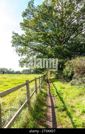 Camminando lungo un sentiero di campagna passando davanti a un campo recintato con una recinzione di legno Foto Stock