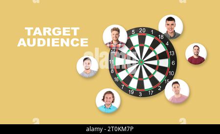 Destinatari. Tabellone circondato da foto di potenziali clienti su sfondo giallo, design di banner Foto Stock
