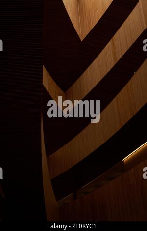 Progetto della biblioteca pubblica centrale di Calgary. Design d'interni d'arte moderna con pareti in legno e soffitto in vetro Foto Stock