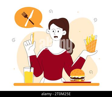 Donna con concetto di linea vettoriale fast food Illustrazione Vettoriale