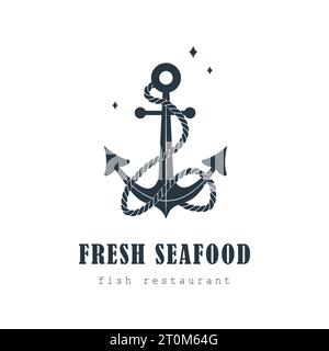 Logo di pesce fresco. Adesivo vintage con icona di ancoraggio. Negozio di prodotti marini. Modello vettoriale per ristorante di pesce su sfondo bianco Illustrazione Vettoriale