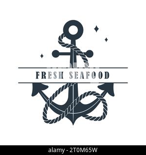 Logo di pesce fresco. Adesivo vintage con icona di ancoraggio. Negozio di prodotti marini. Modello vettoriale per ristorante di pesce su sfondo bianco Illustrazione Vettoriale