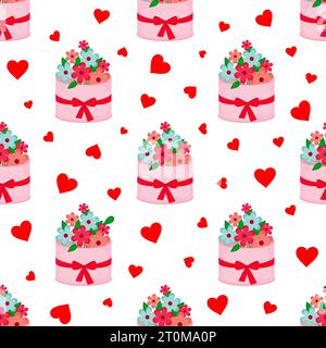 Ripetizione senza giunzioni vettoriali. Cestino con fiori. Heart Holiday Illustrazione Vettoriale