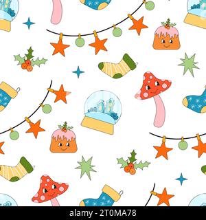 Buon Natale con motivo elegante senza cuciture. Collezione di elementi invernali hippie per le vacanze nel vecchio stile di animazione alla moda. Motivo natalizio elegante. Illustrazione Vettoriale