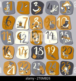 Calendario dell'avvento di Natale. Ornamenti colorati di Natale carino con il numero di giorno di dicembre. Conto alla rovescia per il poster di Natale. Design piatto ideale per pos Illustrazione Vettoriale
