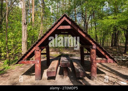 Rifugio forestale con tetti in legno con panchine e tavolo, area di riposo per le persone. Foto Stock