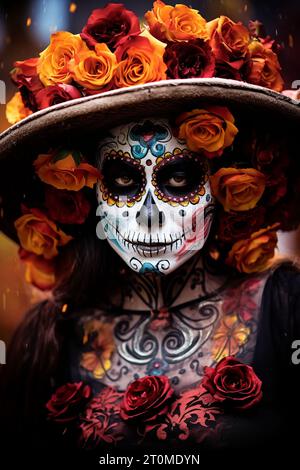 Closeup ritratto di Calavera Catrina. Giovane donna con il teschio di zucchero del trucco. Il dia de los Muertos. Il giorno dei morti. Halloween. Foto Stock