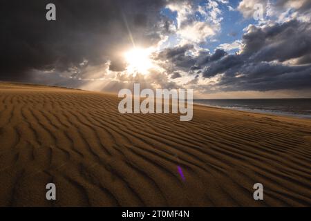 Scenario delle dune di sabbia di Tottori nella prefettura di Tottori, Giappone al tramonto Foto Stock