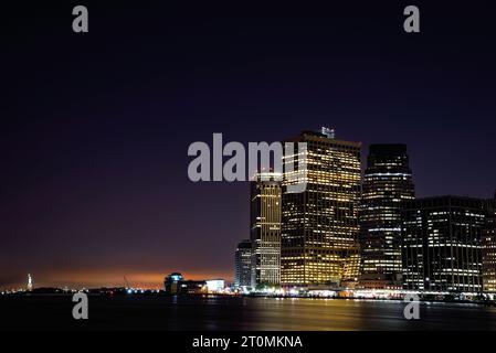 Manhattan Financial District e la Statua della libertà viste di notte dal Brooklyn Bridge Park - New York City, USA Foto Stock