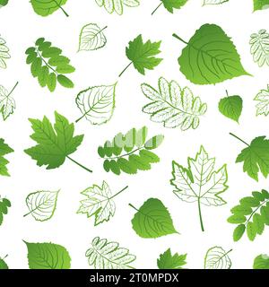 Motivo senza cuciture di foglie fresche e succose di colore verde su sfondo bianco Illustrazione Vettoriale