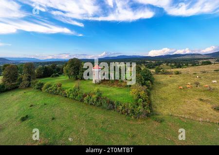 Vista aerea dei resti di un bellissimo castello Kalc vicino a Pivka, circondato da verdi colline e lussureggianti foreste, Slovenia Foto Stock