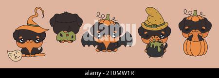 Set di Kawaii Halloween Rottweiler Dog. Collezione di carine illustrazioni Vector Halloween Animal Illustrazione Vettoriale