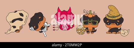 Set di illustrazioni Vector Halloween Rottweiler Dog. Collezione di cane di Halloween isolato Kawaii. Illustrazione Vettoriale