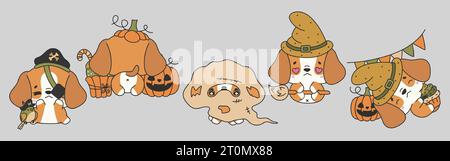 Set di illustrazioni Vector Halloween Beagle Dog. Collezione di Kawaii isolata Halloween Doggy Art Illustrazione Vettoriale