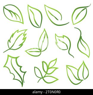 Insieme di foglie che simboleggiano l'ecologia, l'energia verde, l'ecologia. Immagine vettoriale, schizzo in stile line art Illustrazione Vettoriale