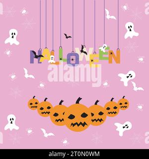 tipografia a parole colorata di halloween con zucca, pipistrello e ragno con sfondo rosa Illustrazione Vettoriale