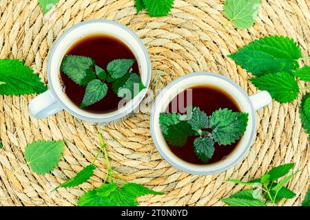 Teacup con tè alle erbe, tè curativo con ortica fresca. Omeopatia, medicina a base di erbe. Foto Stock