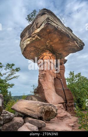 Formazione di arenaria Tavola del Diavolo nei pressi di Hinterweidenthal nella Foresta Palatinata. Wasgau, Renania-Palatinato, Germania, Europa Foto Stock