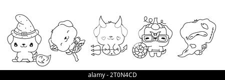 Set di Vector Halloween Rottweiler Dog Coloring Page. Collezione di Kawaii Halloween Dog Outline. Illustrazione Vettoriale