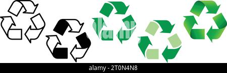 il logo verde del riciclo del triangolo delinea il classico set di simboli vettore isolato su sfondo bianco Illustrazione Vettoriale
