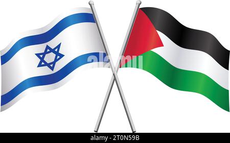 israele e palestina bandiere americane in relazione alleanza o contro conflitto attraversato flagpole vettore isolato su sfondo bianco Illustrazione Vettoriale