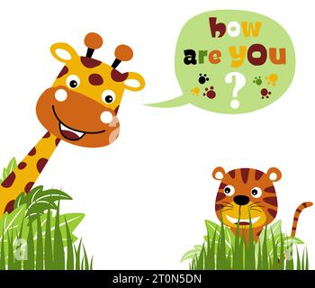 Divertente giraffa con tigre e illustrazione di cartoni animati vettoriali Illustrazione Vettoriale