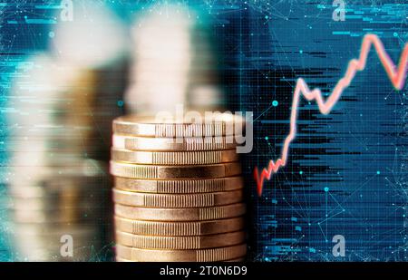 Finanza e intelligenza artificiale. Pila di monete con curva verso l'alto. Foto Stock