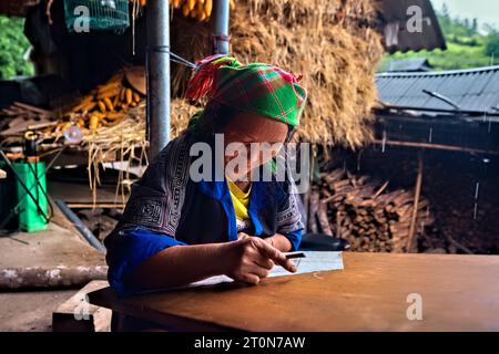 Una donna Flower Hmong disegna un modello per il suo ricamo tradizionale, Mu Cang Chai, Yen Bai, Vietnam Foto Stock