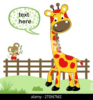 Simpatica giraffa con topi in giardino, illustrazione di cartoni animati vettoriali Illustrazione Vettoriale