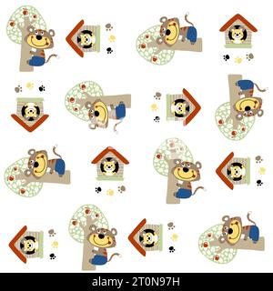 Cartone animato vettoriale modello senza cuciture di un gatto divertente che sale su un albero con il topo nella gabbia Illustrazione Vettoriale