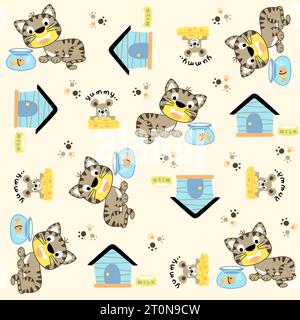 cartoni animati vettoriali motivo senza cuciture di un gatto carino con topi, piccoli pesci nel vaso, illustrazione degli elementi degli animali domestici Illustrazione Vettoriale