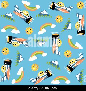 cartoni animati vettoriali modello senza cuciture di un simpatico aereo con oggetti del cielo e montagne Illustrazione Vettoriale