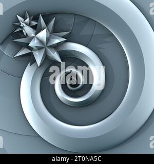 Spirale concentrica grigia metallizzata con le stelle sullo sfondo grigio. illustrazione 3d, rendering 3d. Foto Stock