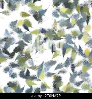 Tratti di pennello grossi e casuali con code sottili. Colori verde, grigio e blu su sfondo bianco. Texture senza cuciture. Foto Stock