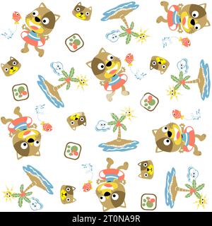 cartoni animati vettoriali modello senza cuciture di gattino divertente con elementi per le vacanze al mare Illustrazione Vettoriale