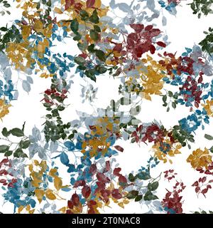 Verde scuro, rosso, giallo senape, grigio chiaro e blu rami d'albero con foglie su sfondo bianco. Ripetizione senza cuciture. Foto Stock