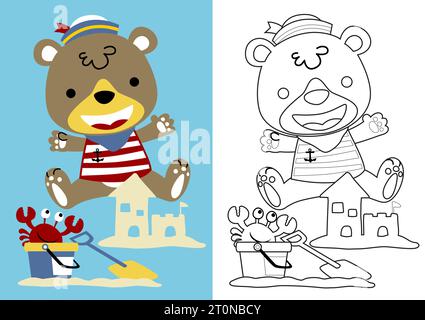 Cartoni animati vettoriali di graziosi orsi in costume da marinaio con granchio costruisci un castello di sabbia. Pagina o libro da colorare Illustrazione Vettoriale