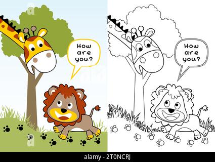 Divertente giraffa con leone nella foresta, illustrazione di cartoni animati vettoriali, pagina da colorare o libro Illustrazione Vettoriale