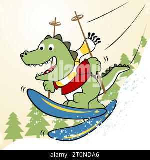 cartoni animati vettoriali di un simpatico dinosauro che gioca a sci in montagna Illustrazione Vettoriale