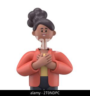 Persone grate sorridenti con le mani sul petto.illustrazione 3D della donna africana Coco con un sorriso affascinante e sincero che si sente grato, rilassato persona con la sua Foto Stock