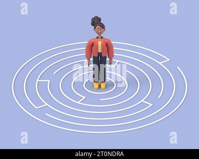 Illustrazione 3D di una donna africana Coco al centro di un labirinto.il concetto grafico raffigura sfida, trovare la via d'uscita, fuggire, ostacoli, solvina Foto Stock