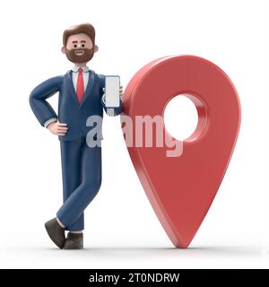 Illustrazione 3D dell'uomo d'affari americano Bob con smartphone in piedi vicino al cartello GeoPoint Mobile Navigation Concept isolato su sfondo bianco. Peo 3D. Foto Stock