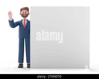 Illustrazione 3D dell'uomo d'affari americano Bob con la mano in alto, si trova dietro il poster vuoto, isolato su sfondo bianco. Fascino moderno e minimalista dei cartoni animati Foto Stock