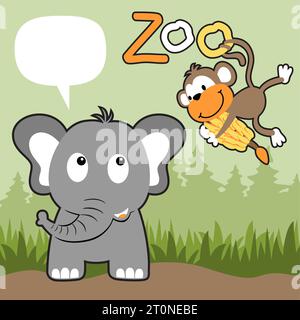 Simpatica scimmia che trasporta banana per un'illustrazione di cartoni animati vettoriali con elefanti Illustrazione Vettoriale