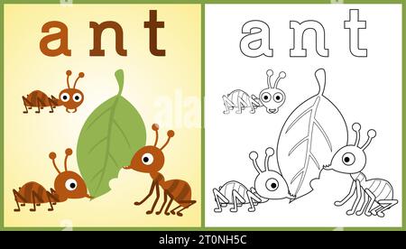 cartone animato vettoriale di formiche che trasportano foglie, libri da colorare o pagine Illustrazione Vettoriale