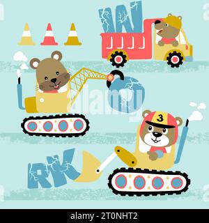 conducente, terna, scarico, scavo, animali, teddy, bambini, alfabeto, animale, orso, bulldozer, auto, cartone animato, gatto, personaggio, allegro, collect Illustrazione Vettoriale