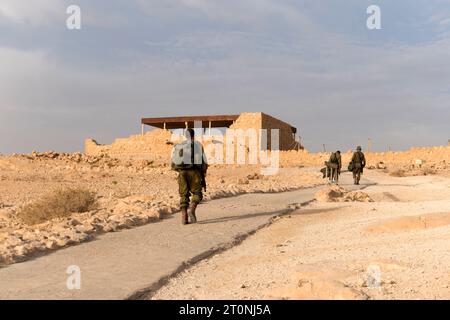 Vista posteriore dei soldati dell'esercito di fanteria che si muovono nel deserto. Sabbia e cielo blu sullo sfondo di uomini militari israeliani nella fortezza. Uomini di servizio stanchi con noi Foto Stock