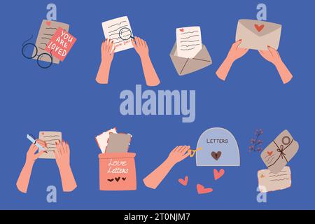 mani che reggono lettere d'amore e buste - set Illustrazione Vettoriale