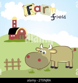 cartoni animati vettoriali per campi agricoli con una mucca divertente su sfondo blu Illustrazione Vettoriale