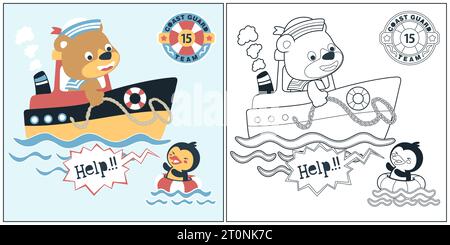 cartoni animati vettoriali di orsi sulla barca che aiutano un pinguino, un libro da colorare o una pagina Illustrazione Vettoriale